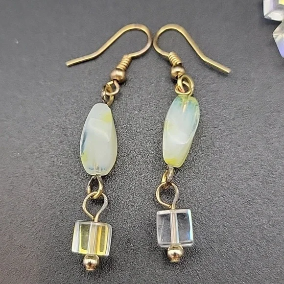 AB Cube & Givre Art Glass Necklace Bracelet and Earring Set Gold Tone Wire